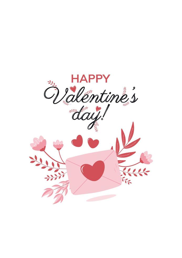 Cute Valentine's Day card with happy valentine's day with a love letter in pink and red colors. Vector