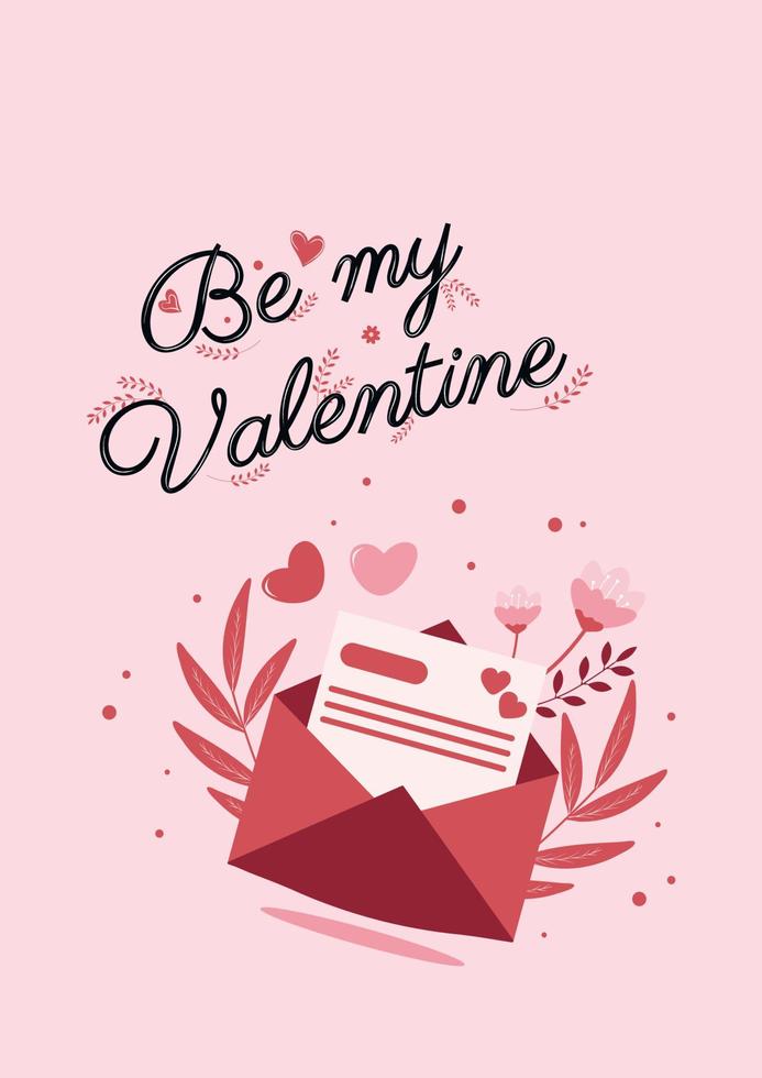 linda tarjeta de san valentín con la inscripción sea mi san valentín con una carta de amor en colores rosa y rojo. vector