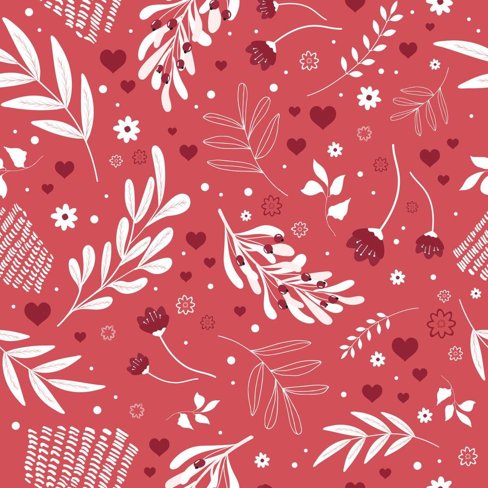 Seamless Valentine's Day pattern with hearts, vegetation and flowers on a red background. Vector