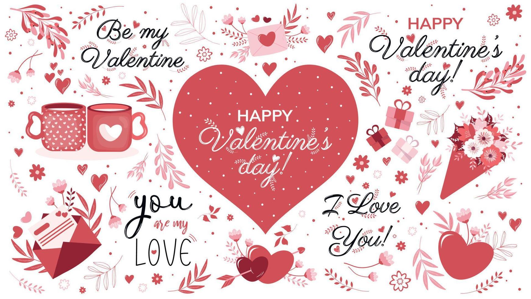 Vector set of elements for Valentine's Day. Inscriptions, hearts, vegetation, flowers, mugs, love letters, bouquet of flowers