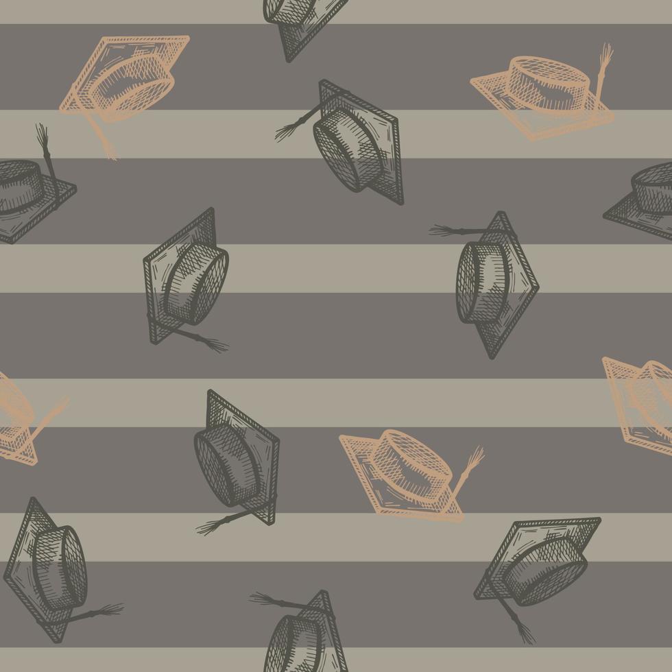 Graduate hat engraved seamless pattern. Vintage element education in hand drawn style. Sketch texture for fabric, wallpaper, textile, print, title, wrapping paper. Vector illustration.