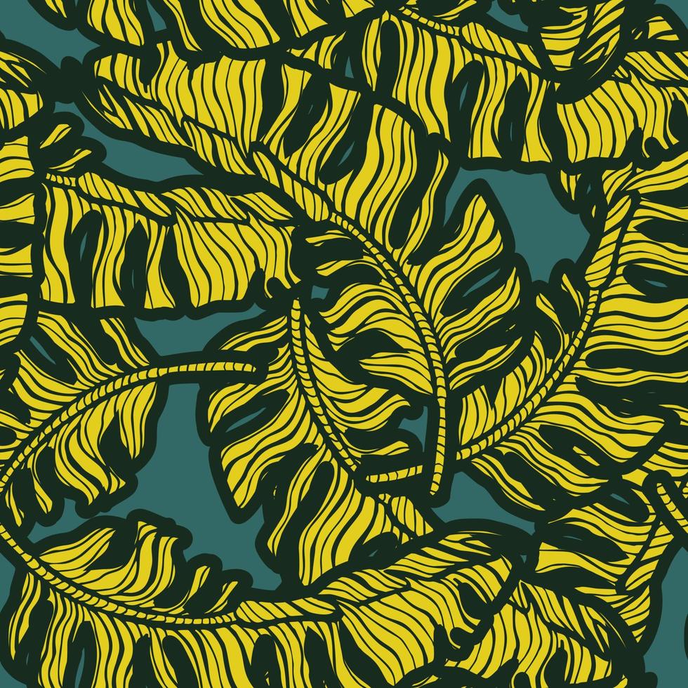 Tropical banana leaf seamless pattern. Jungle leaves background. Repeated engraving exotic design texture for printing,fabric, wrapping paper, fashion, wallpaper, tissue. Vector illustration.
