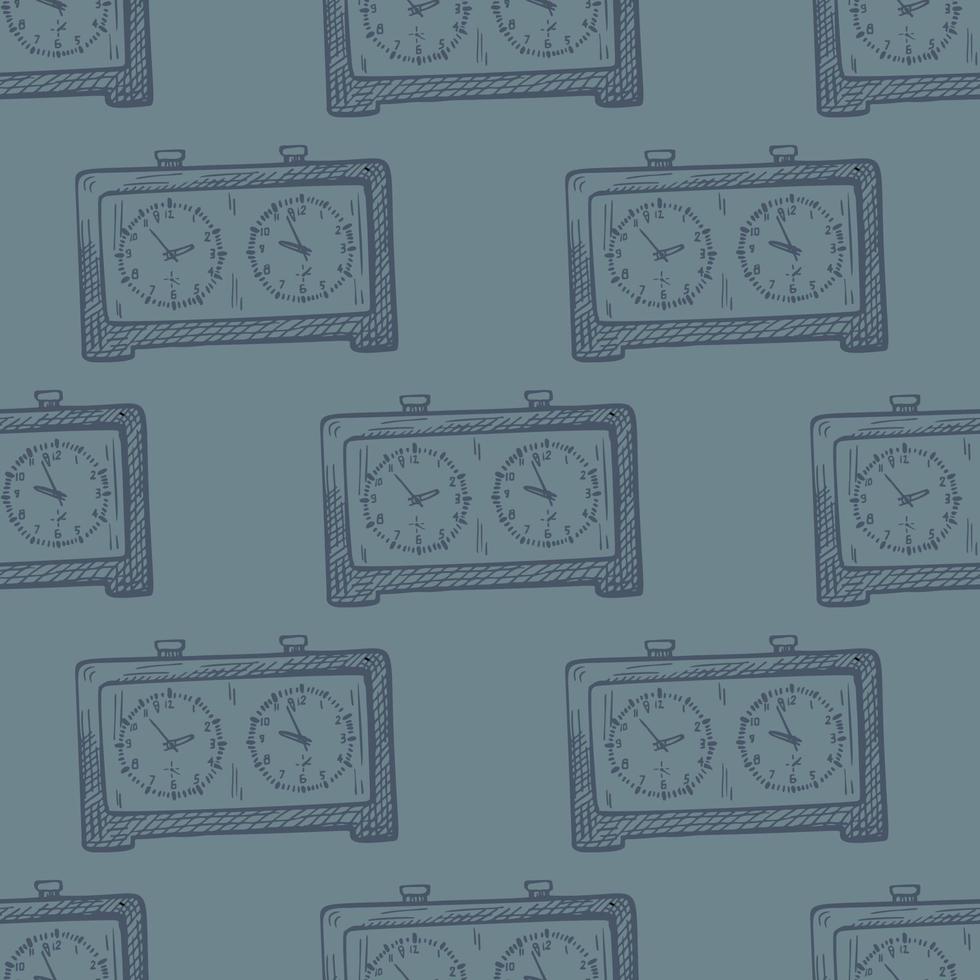 Chess clock engraved seamless pattern. Retro watch for chess game in hand drawn style. Sketch texture for fabric, wallpaper, textile, print, title, wrapping paper. Vector illustration.