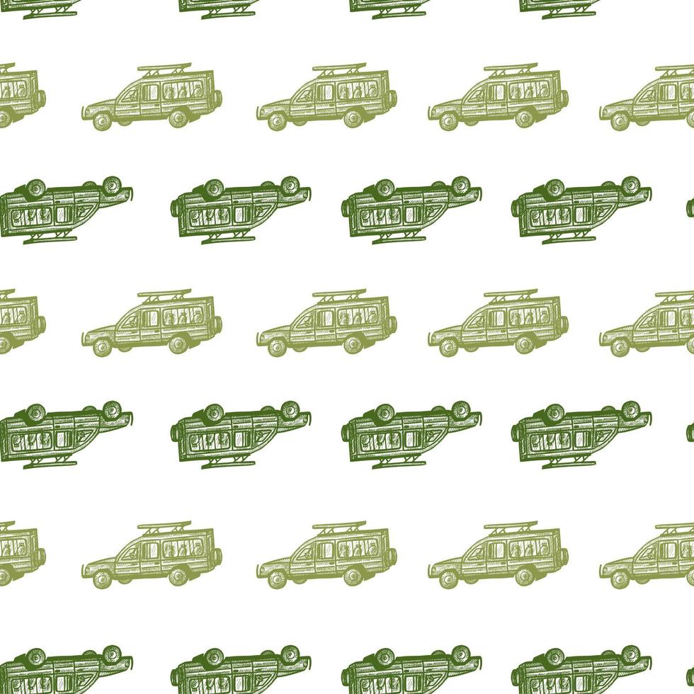 Safari car engraved seamless pattern. Vintage adventure off road in hand drawn style. Sketch texture for fabric, wallpaper, textile, print, title, wrapping paper. Vector illustration.