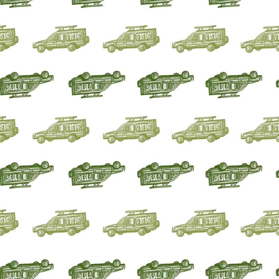 Safari car engraved seamless pattern. Vintage adventure off road in hand drawn style. Sketch texture for fabric, wallpaper, textile, print, title, wrapping paper. Vector illustration.