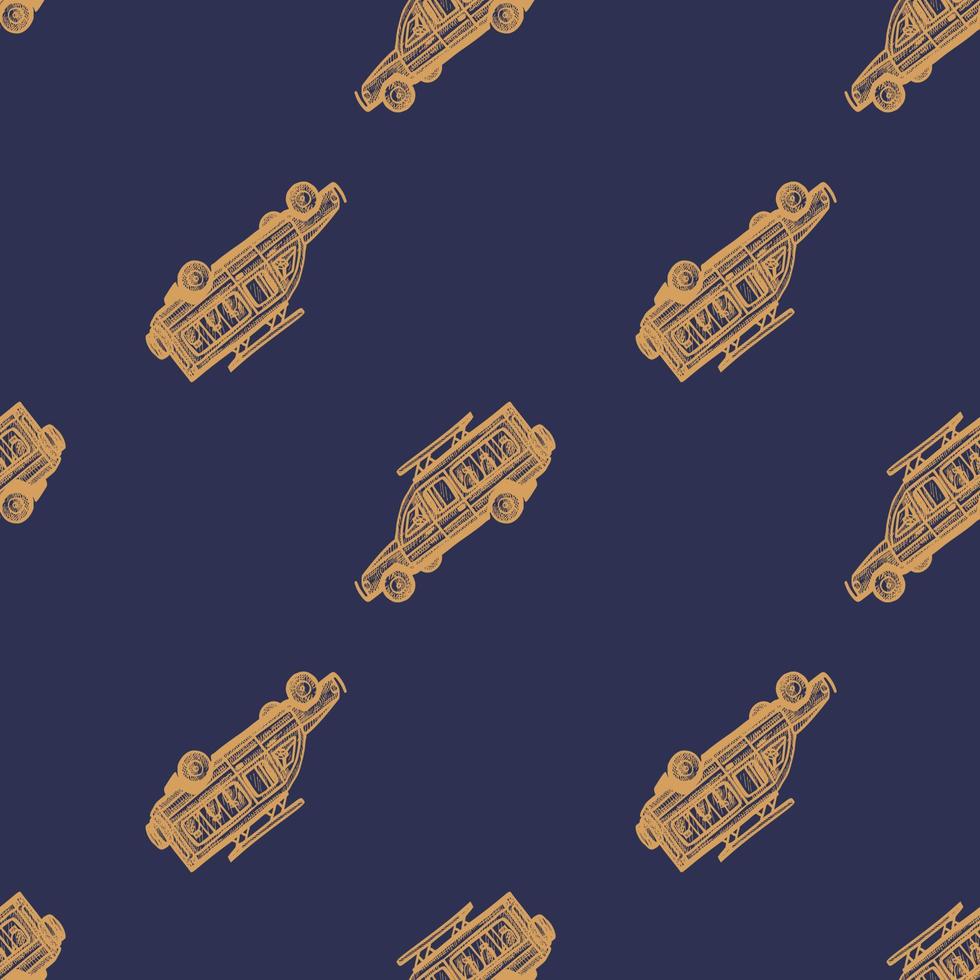 Safari car engraved seamless pattern. Vintage adventure off road in hand drawn style. Sketch texture for fabric, wallpaper, textile, print, title, wrapping paper. Vector illustration.