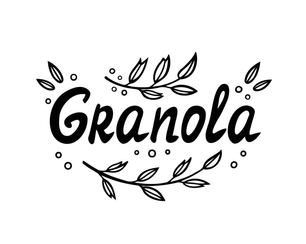 letras de granola, logotipo. muesli, emblema de diseño de embalaje con elementos decorativos de caligrafía. ilustración para fondos, carteles, pegatinas y textiles. aislado sobre fondo blanco. vector