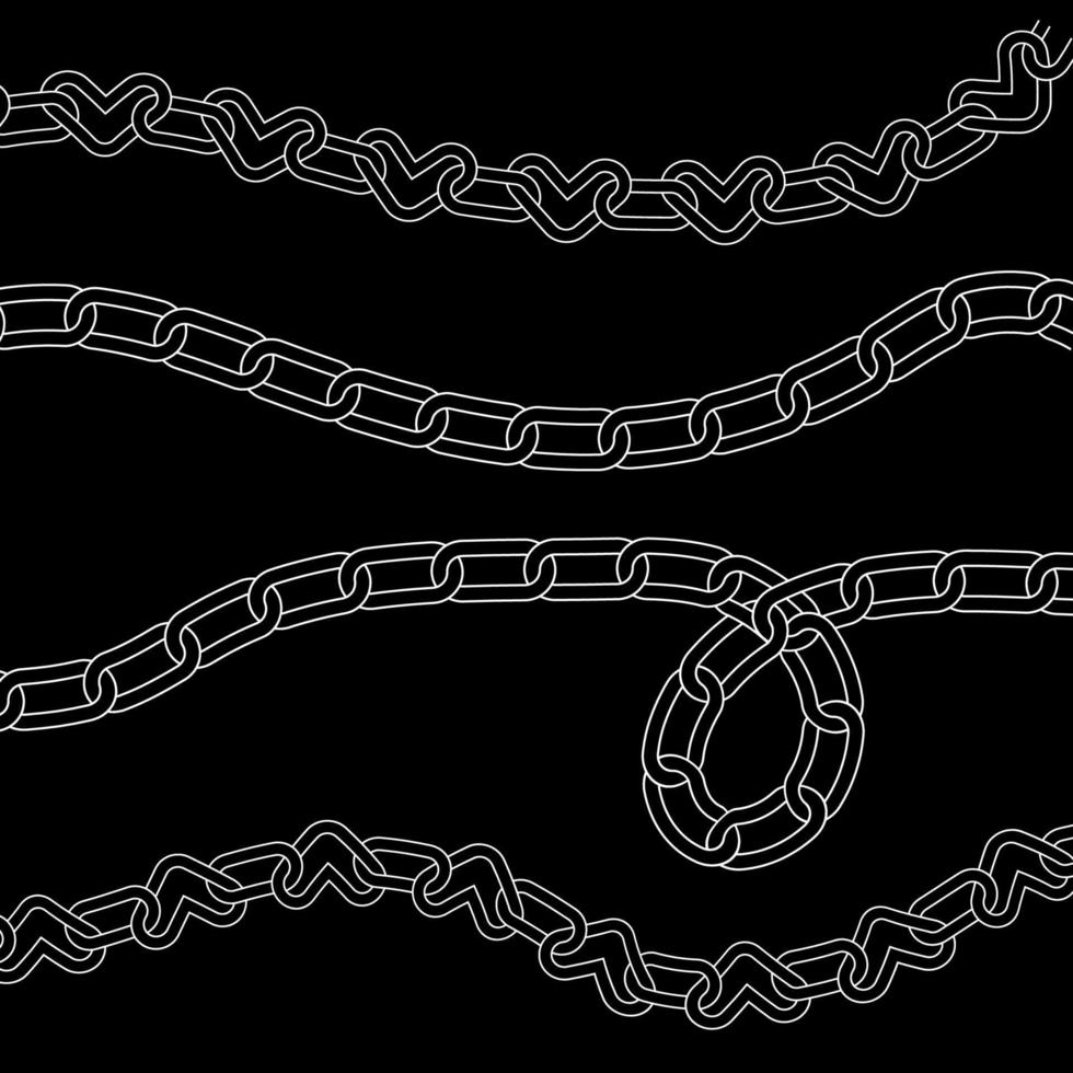 Set of different chains. 90s, 00s heart chain link decor elements collection . Vector linear illustration.