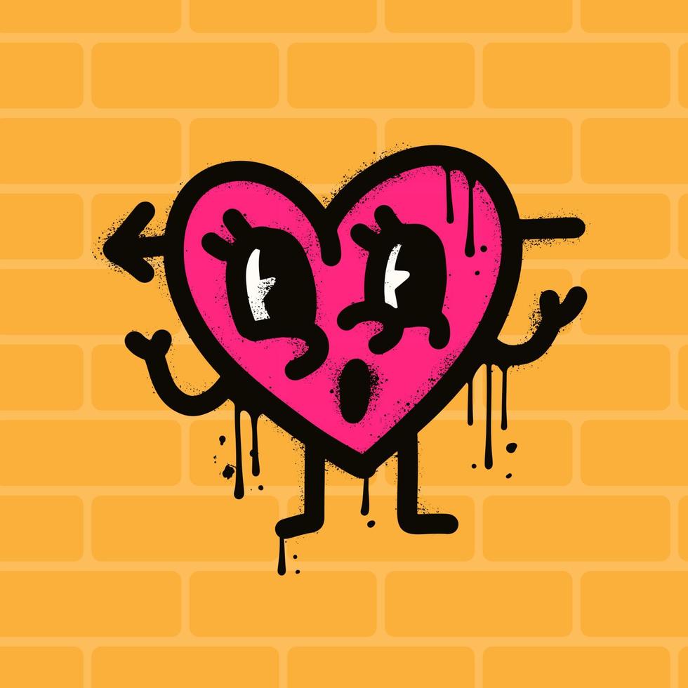 graffiti urbano - mascota de dibujos animados retro del corazón al estilo de los años 80, personaje del día de san valentín. ilustración de vector rociada romántica para postales, carteles, pegatinas, impresión en ropa.