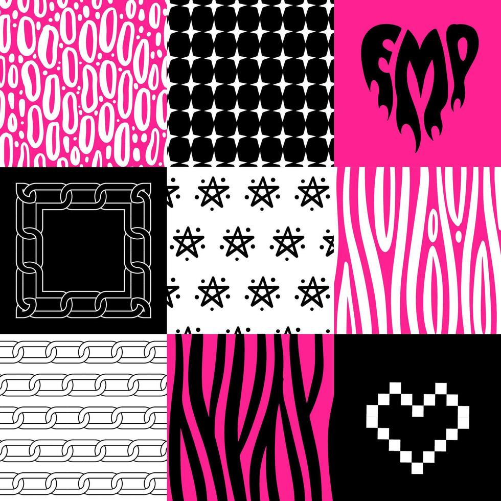 Set of trendy y2k style emo backgrounds. Psychedelic posters in the style of the 90s. Chains, Distorted lines and pixel pattern with heart. 00s retro Graphic card Templatesin white, black and pink vector