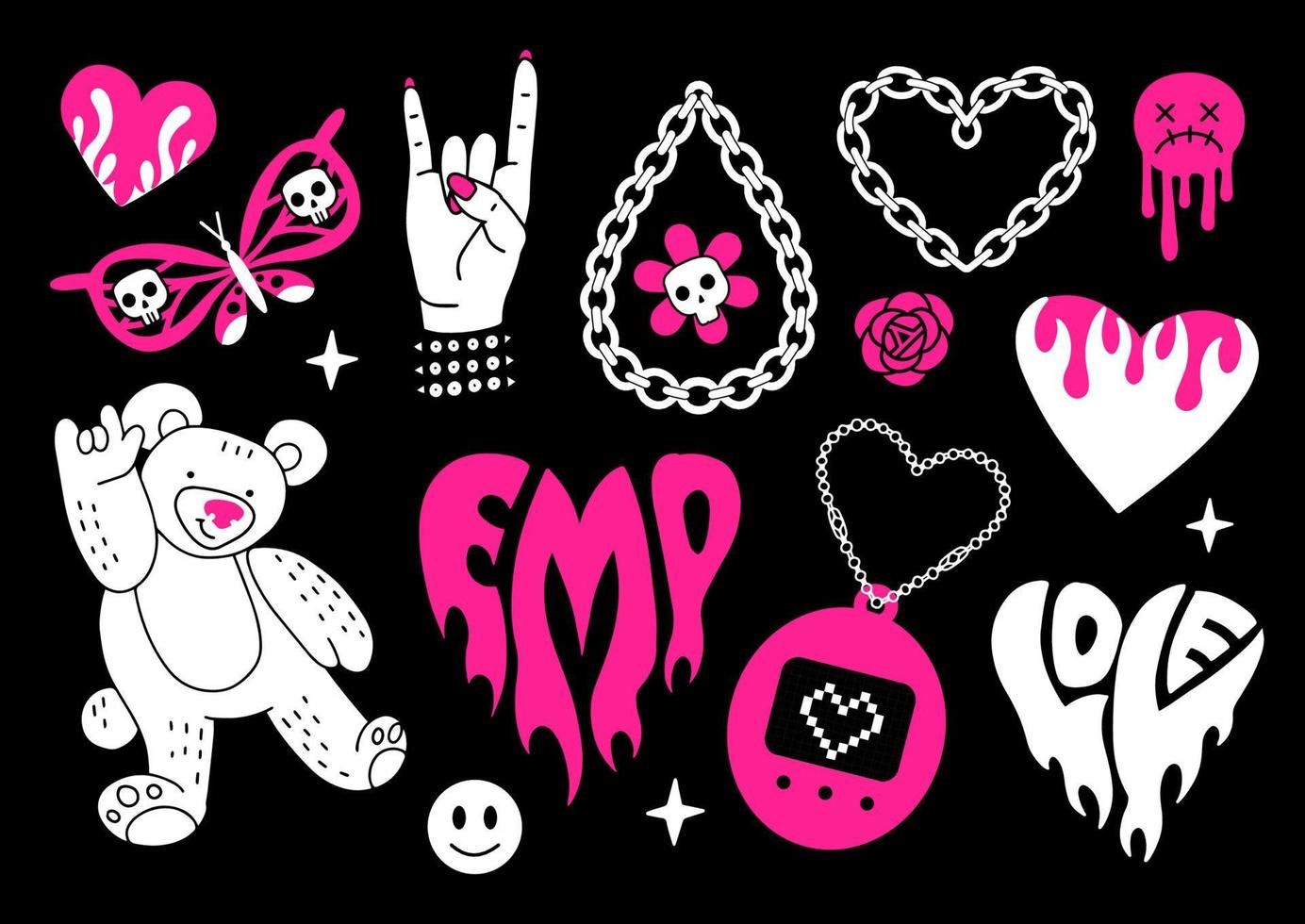 y2k glamour rosa y conjunto de elementos negros. mariposa, oso kawaii, fuego, llama, corazón de cadena, tatuaje y otros íconos en el moderno estilo emo goth 2000. ilustración vectorial dibujada a mano. 90s, 00s estética vector