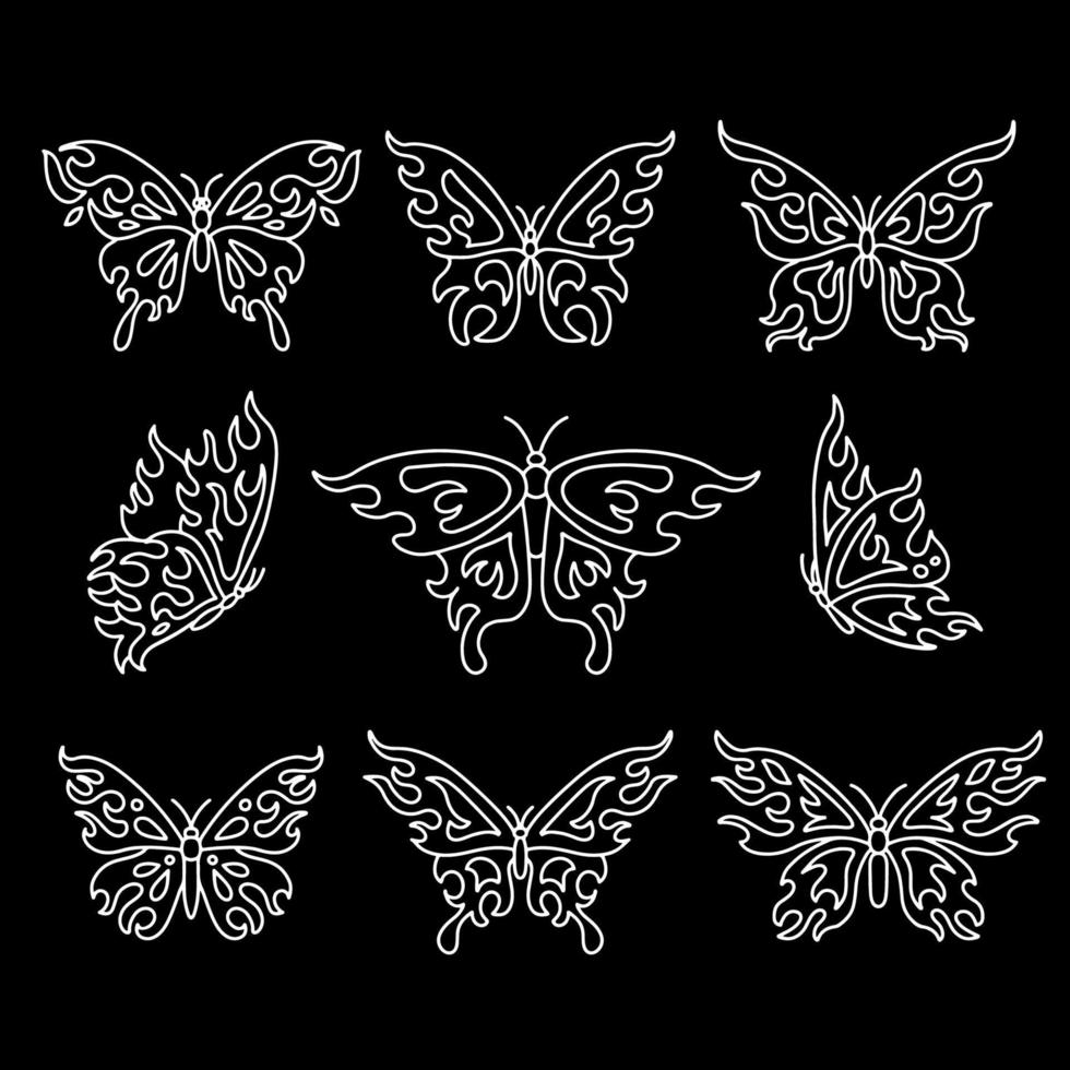 conjunto de siluetas de contorno de mariposa ornamental. El diseño del tatuaje se puede utilizar para estarcido, impresión en bloque o como adhesivo. criatura voladora de arte lineal. Hermoso símbolo místico de los 90 con alas. vector