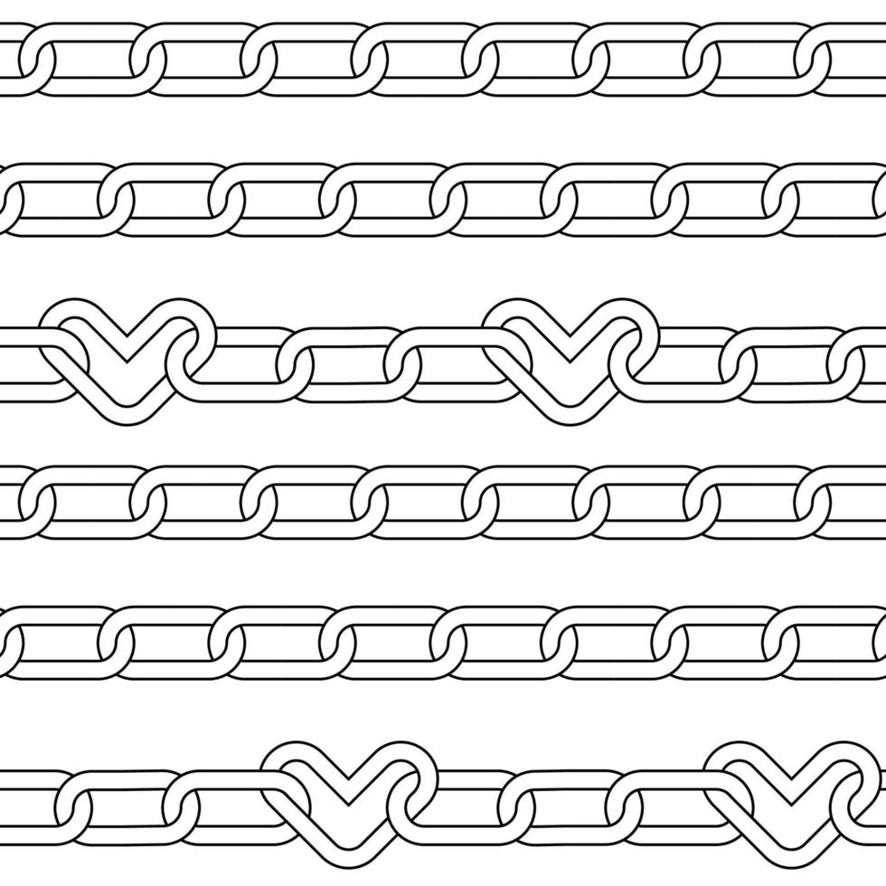 Seamless pattern with chain with hearts links. Emo background black on white background. Linear vector illustration.