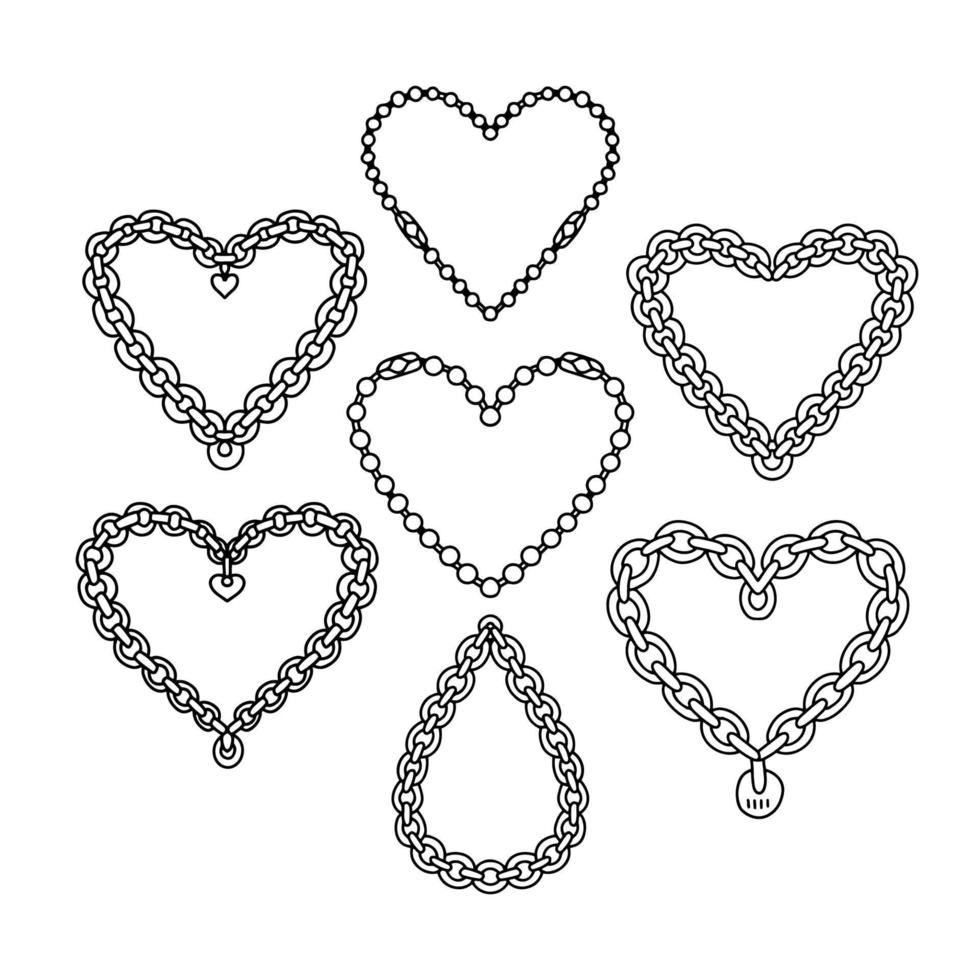 Set of black heart created from chains isolated on white background. Retro 90s design clipart. Chain heart y2k tattoo style. Linear hand drawn vector illustration.