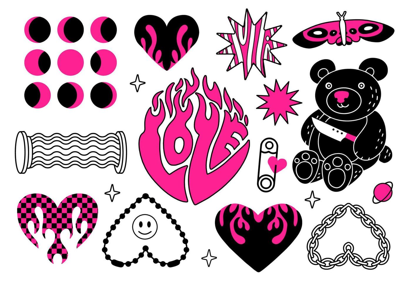 y2k glamour rosa y conjunto de elementos negros. mariposa, peluche aterrador, llama, cadena, corazón tatuado y otras pegatinas en el moderno estilo emo gótico de los años 2000. icono dibujado a mano de silueta vectorial. Estética de los 90, 00. vector