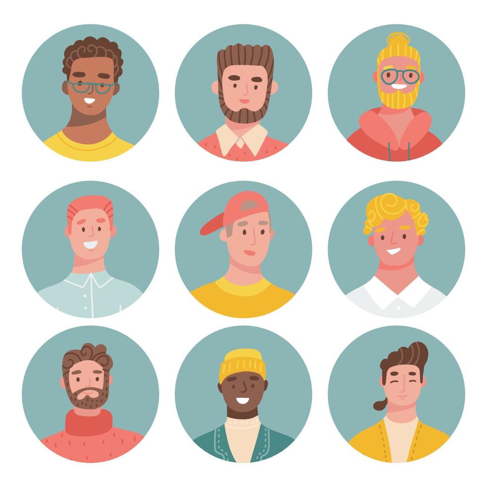 coloridos rostros masculinos en conjunto de iconos de círculo. conjunto de diferentes avatares de personas femeninas. colección de coloridos retratos de usuarios. caras de personajes masculinos. ilustración vectorial en estilo de dibujos animados plana vector