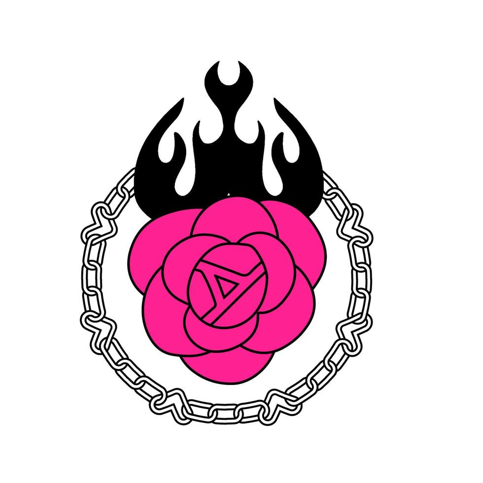 Flaming rose tattoo in y2k, 1990s, 2000s style. Emo goth element design with heart chain link. Old school tattoo. Vector simple flat illustration