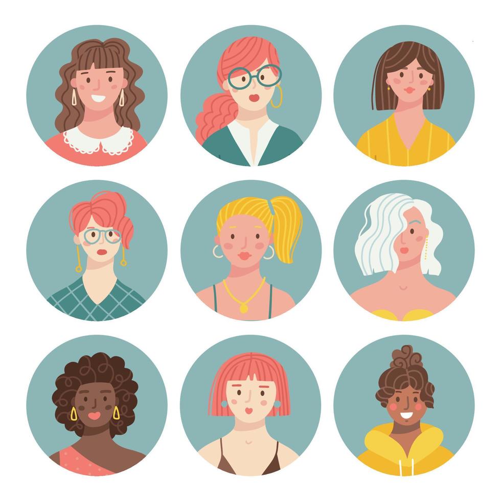 conjunto de diferentes avatares de personas femeninas. colección de coloridos retratos de usuarios en círculos. caras de personajes de mujeres. ilustración vectorial en estilo de dibujos animados plana vector