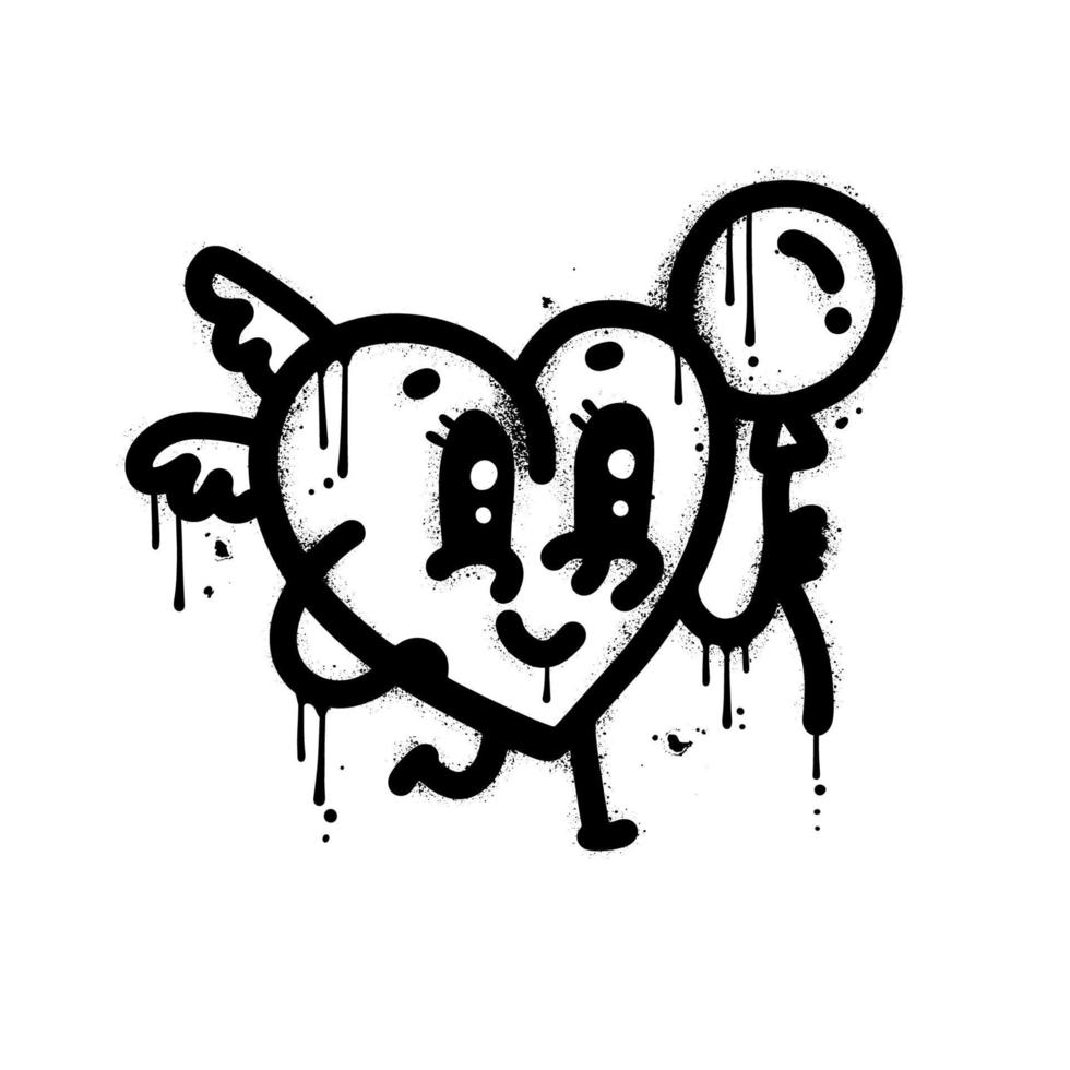 divertido personaje de dibujos animados retro y símbolo de amor de la mascota del corazón con globo y alas - mascota de graffiti urbano. ilustración vectorial rociada texturizada para camisetas, pegatinas o prendas de vestir. vector