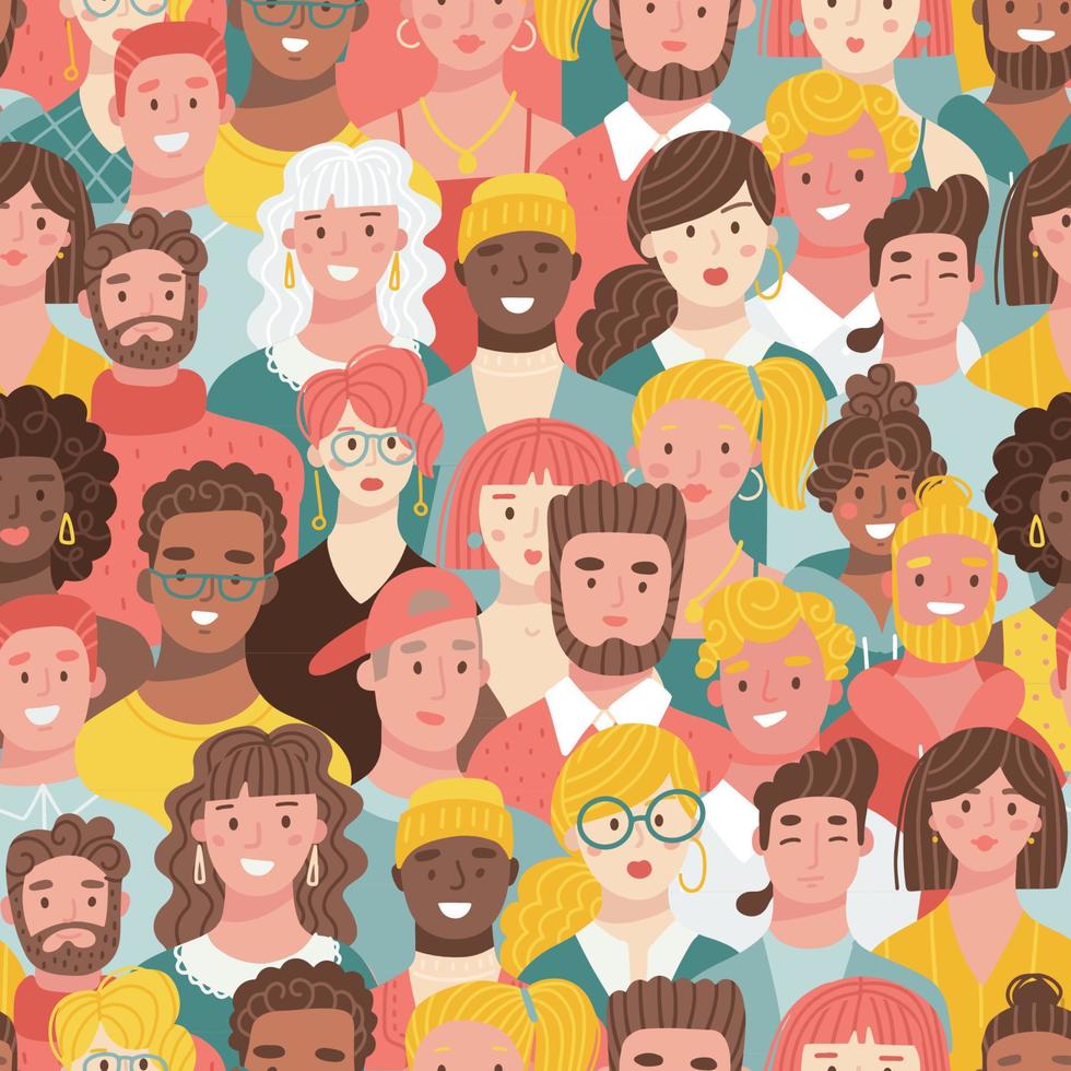 Trendy seamless pattern with young men and women with different skin color. Different people concept. Diversity flat vector illustration.
