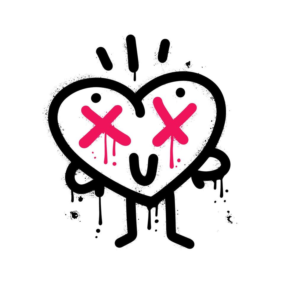 graffiti urbano - corazón divertido con cara de sonrisa, personaje de dibujos animados retro de ojos muertos. ilustración vectorial texturizada para camisetas, pegatinas o prendas de vestir. mascota del día de san valentín. vector
