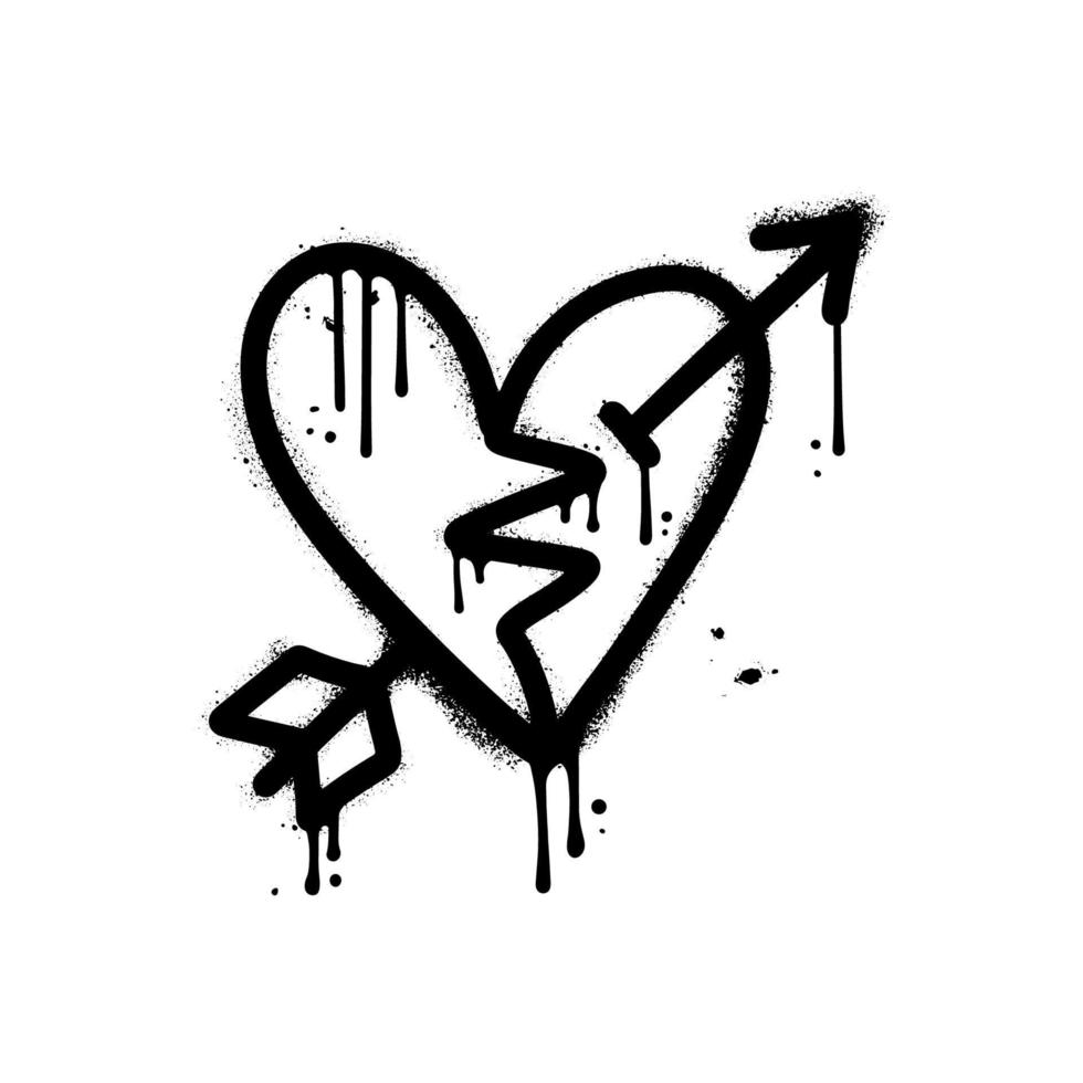 Broken heart shape with arrow. Black paint urban graffiti vector illustration. Textured isolated print concept.