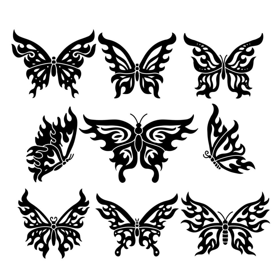 Flame butterflies silhouettes set. y2k, 90s Flutter butterflies tattoo art vector illutrations. Emo or gothic sublimation collection.