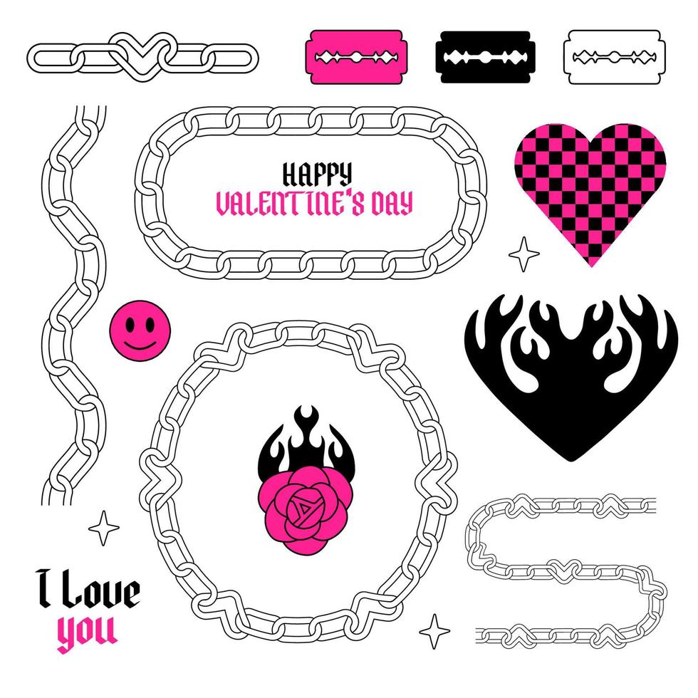 clipart de arte del tatuaje en la década de 1990, estilo de los años 2000. pegatinas maravillosas y2k. diferentes cadenas emo, hoja retro, rosa, llama, corazones y otros elementos en estilo psicodélico de moda. ilustración dibujada por vectores. vector