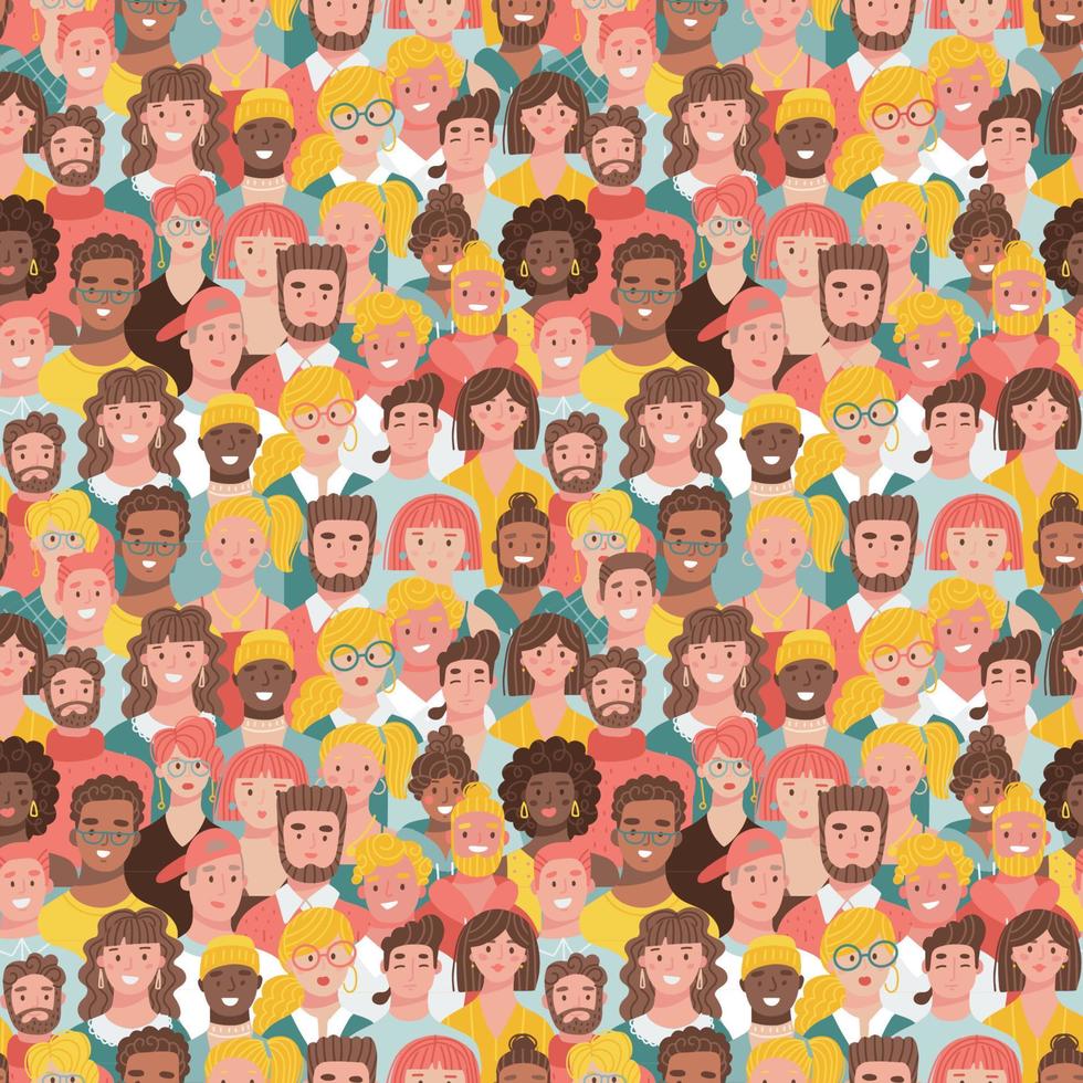 gran multitud de personas de patrones sin fisuras. concepto de diversidad. hombres y mujeres de diferentes razas. ilustración vectorial plana dibujada a mano en color. vector