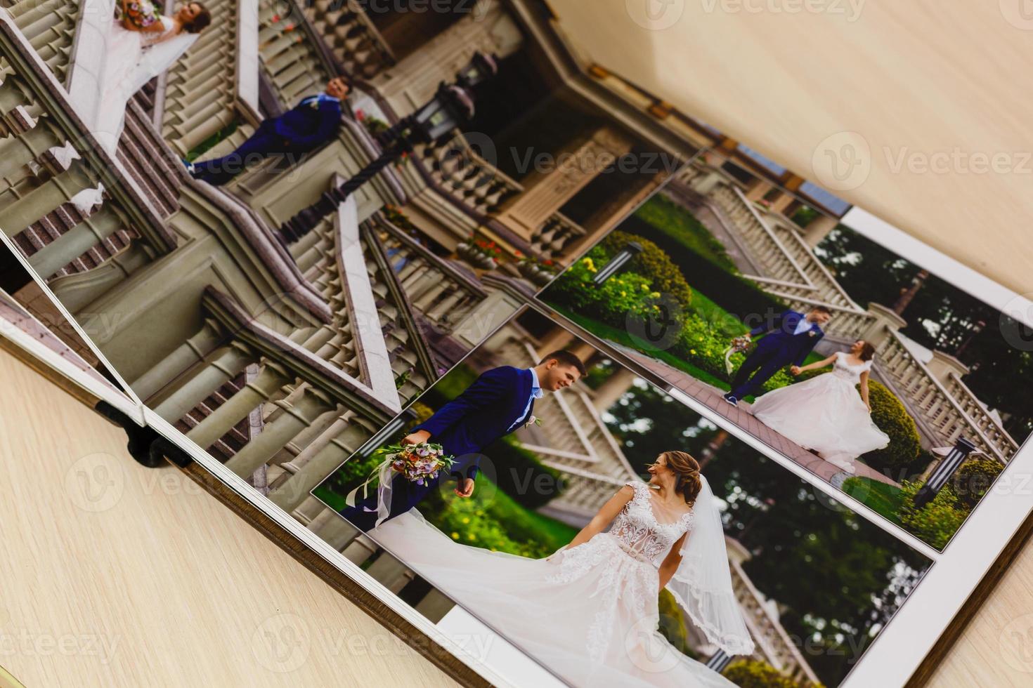 Pages of wedding photobook or wedding album on white background photo