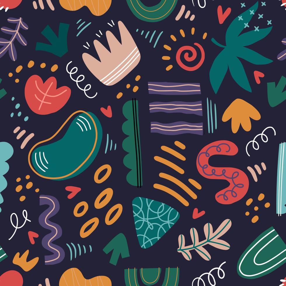 Abstract seamless pattern, cartoon style. Hand drawn irregular shapes with dots, stripes and lines vector