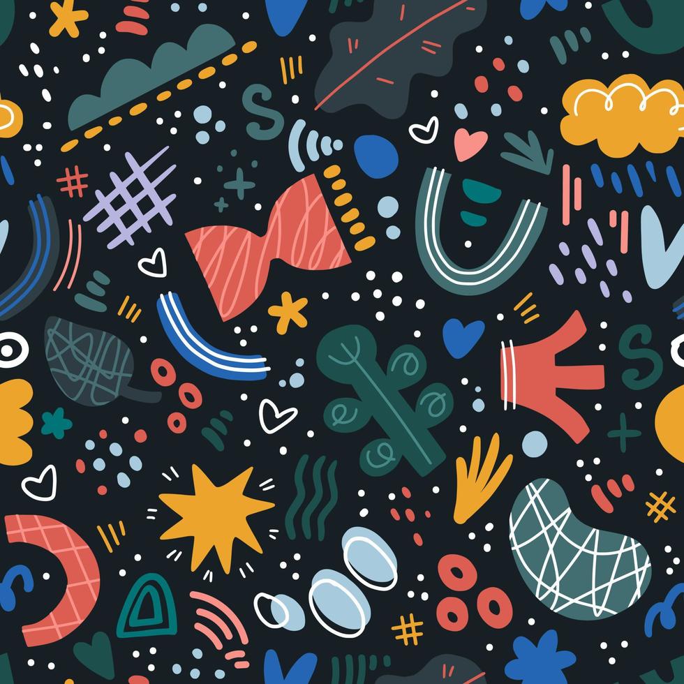 Abstract seamless pattern, cartoon style. Hand drawn irregular shapes with dots, stripes and lines vector