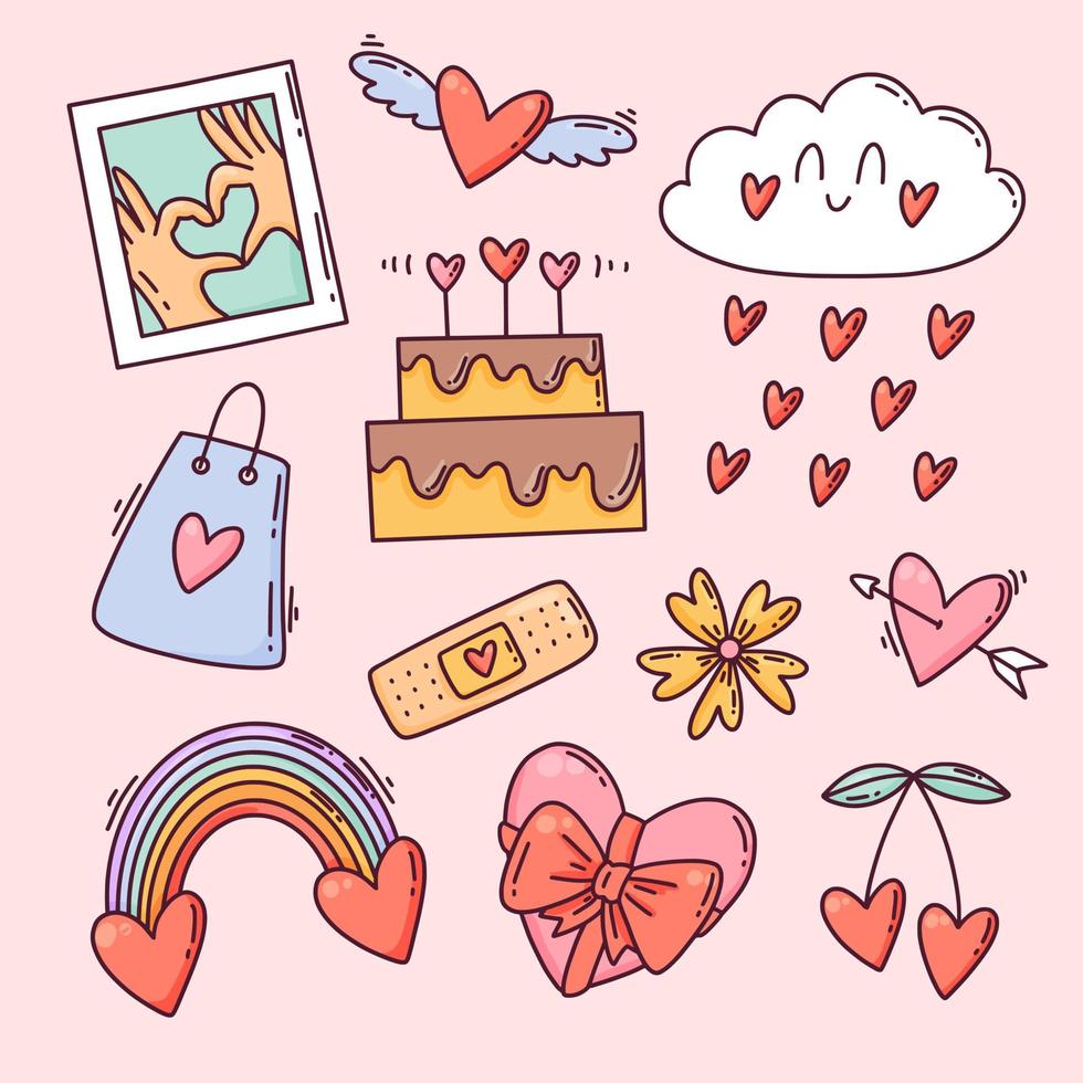 Set of cute Valentine's Day elements, cute cartoon hand drawn style vector