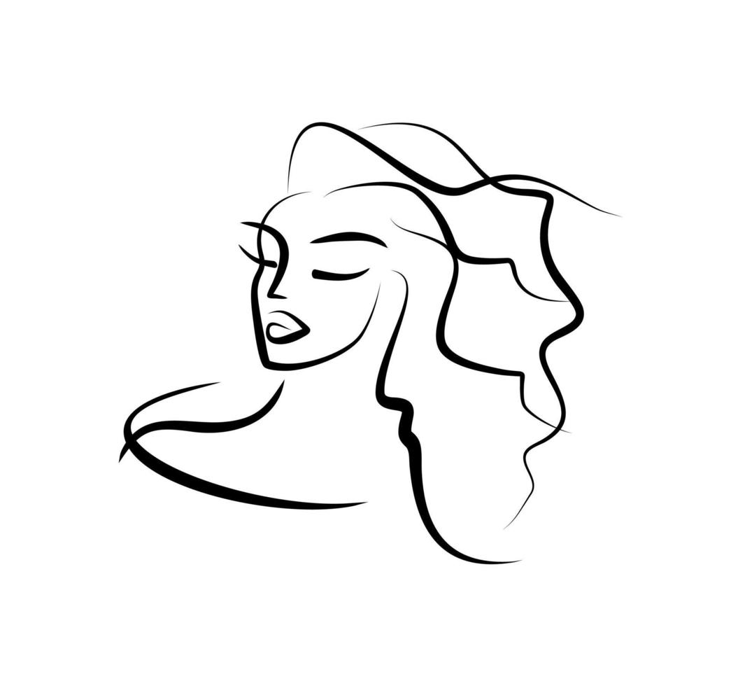 Woman face, lush hairstyle. Woman sketch with a brush. Simple minimalistic portrait of a young woman. Beauty salon icon. Cosmetology logo isolate. vector