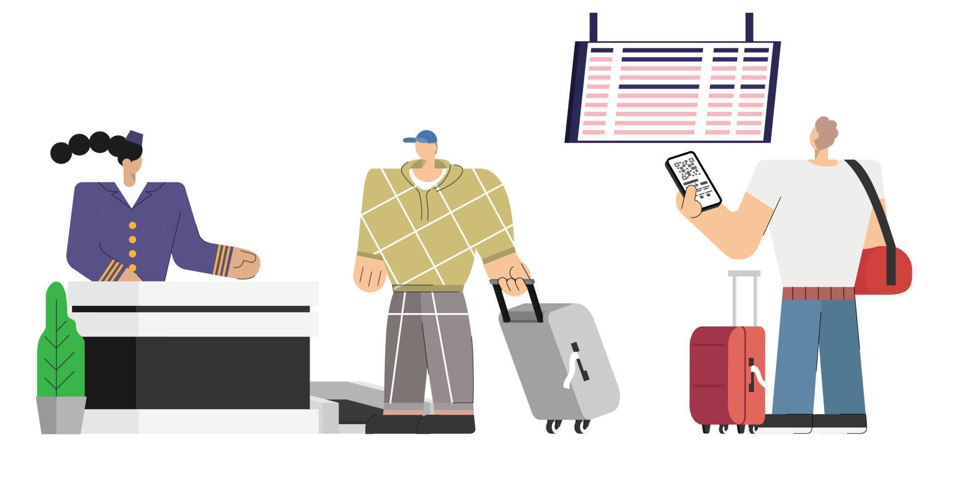 Airport departure hall with passenger check in flight register with luggage in queue check in counter for boarding plane departure, travelers aircraft vector illustration