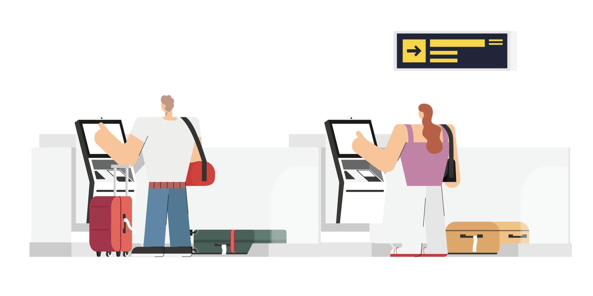 Airport departure area with self service flight register tourists with luggage in queue self check in at kios for boarding plane departure, travelers aircraft vector illustration