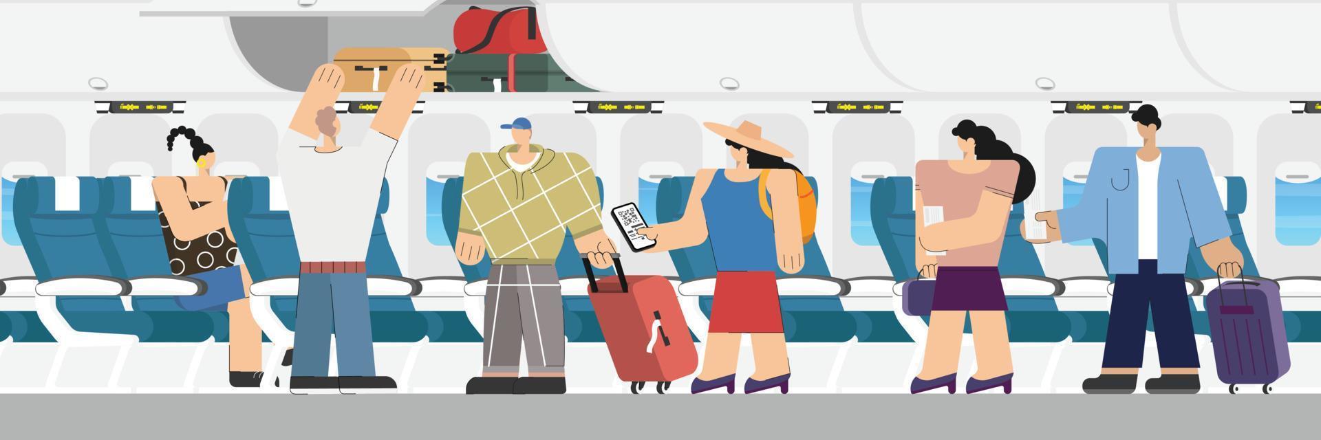 people passenger boarding airplane to sitting on chairs in plane cabin during air flight. Side view of people boarding traveling by aircraft.aeroplane interior background vector