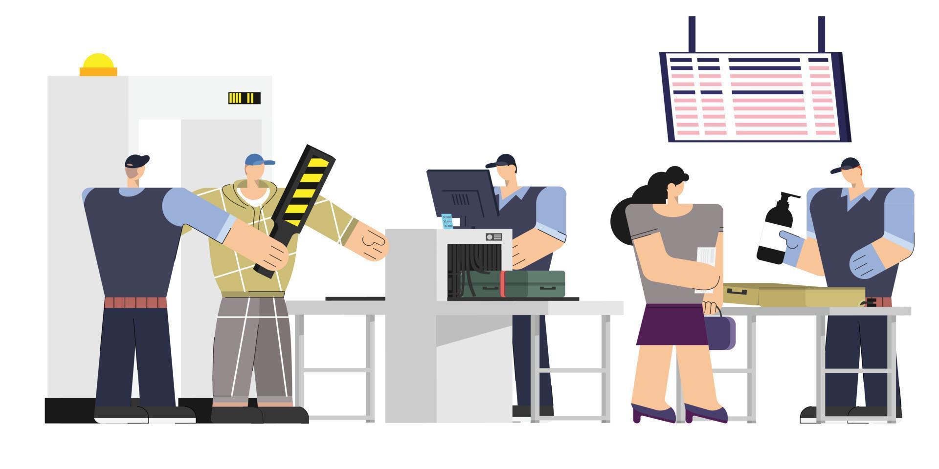 Airport departure area while tourists passenger with luggage in queue security check for boarding plane departure, security airport faa concept, travelers aircraft vector illustration