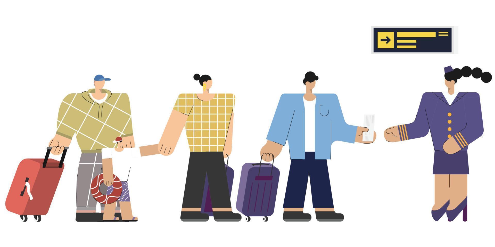 Airport departure area with plane boarding flight register tourists with luggage in queue check in for boarding plane departure, travelers aircraft vector illustration
