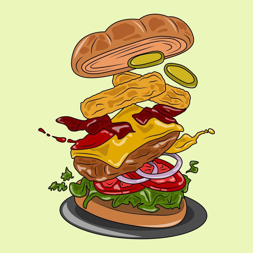 Vector cartoon of burger flying ingredients. Fast food. Cheeseburger with pickled cucumber, lettuce, tomato, onion, nuggets and chunks of beef. Vector illustration for menu and package design.