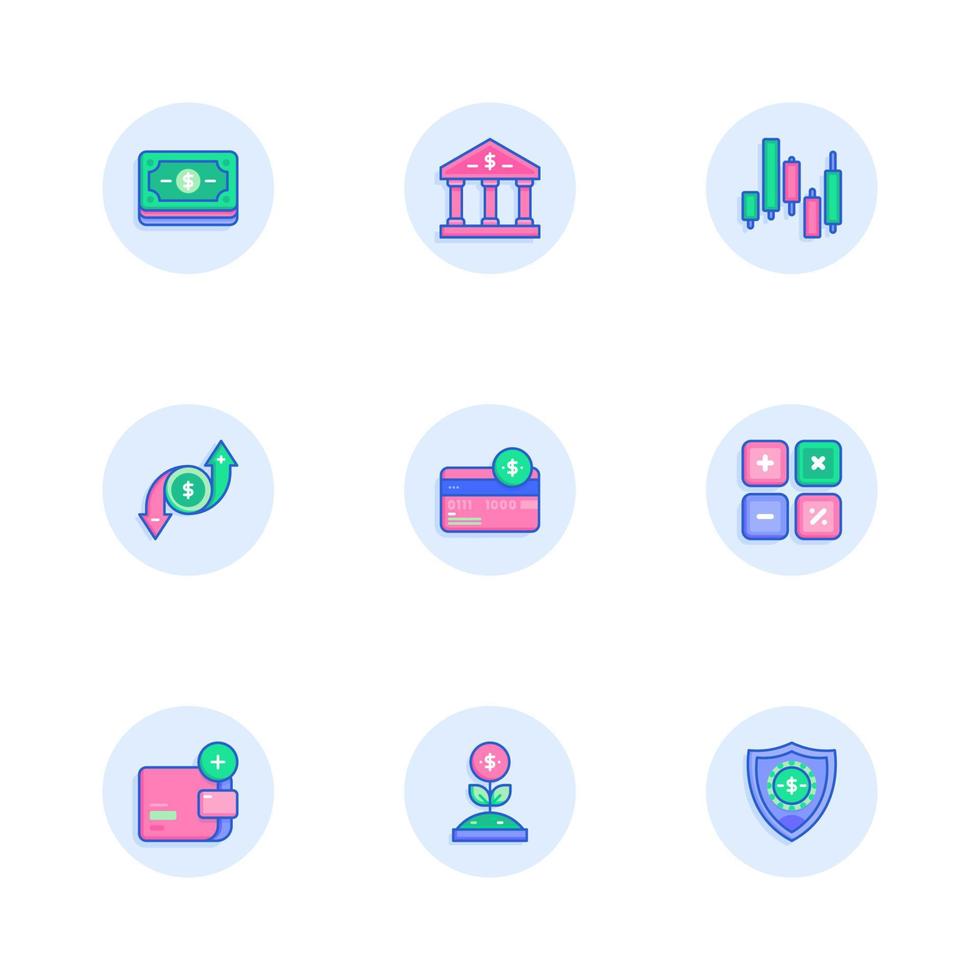 coloridos iconos de interfaz de usuario con temas bancarios alineados en azul para aplicaciones vector