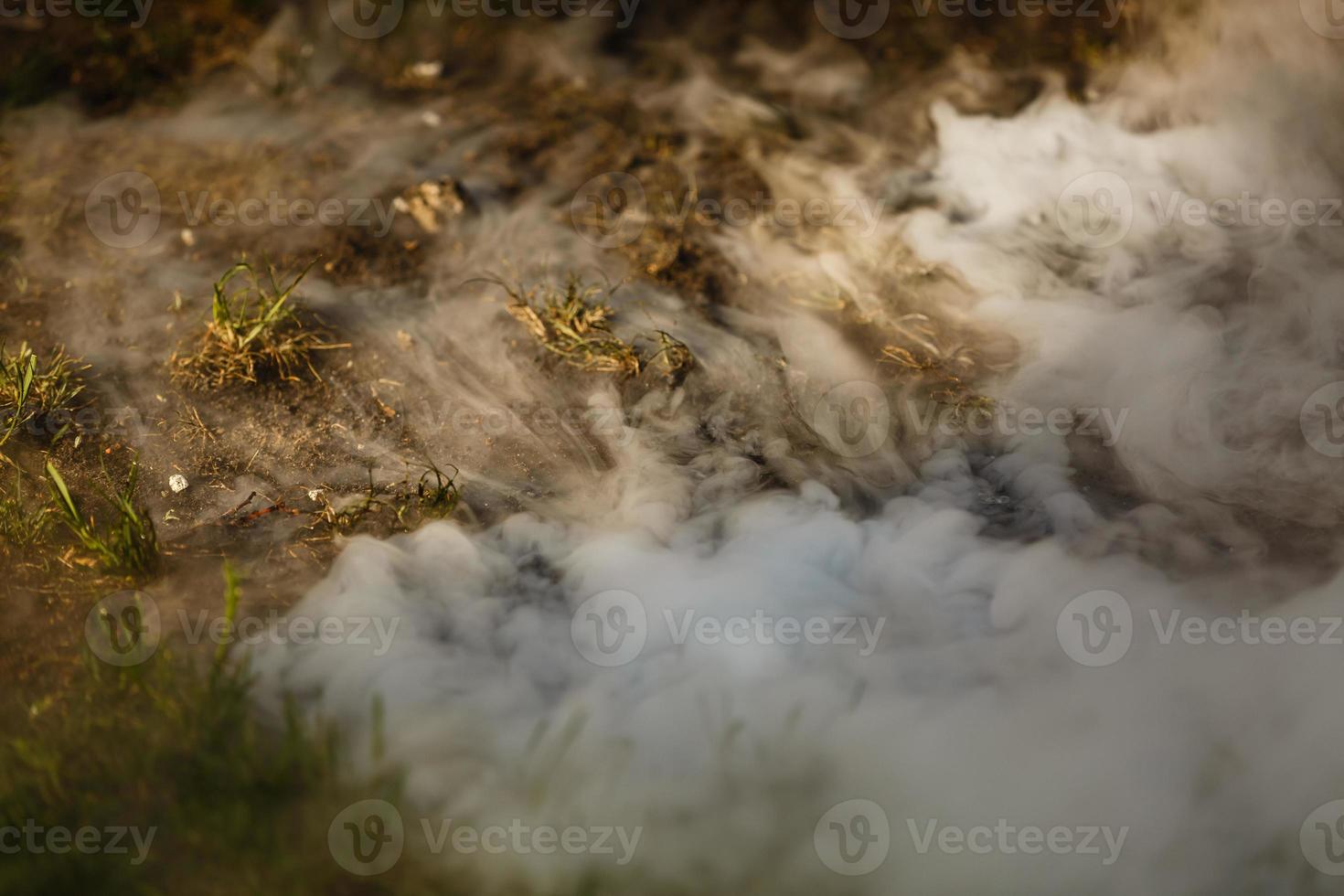 Thick smoke against grass background photo