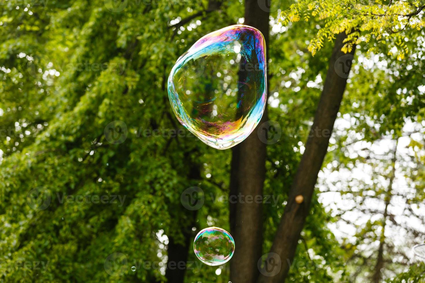 Close up of flying soap bubble with great reflections. Flying over green background photo