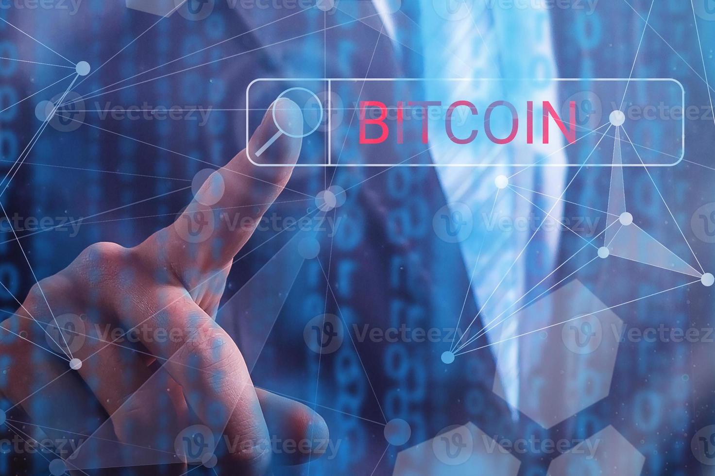 Virtual money bitcoin cryptocurrency bitcoins accepted here logo on the touch screen photo