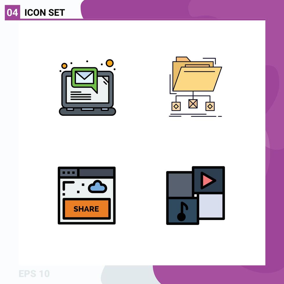 Modern Set of 4 Filledline Flat Colors Pictograph of computer interface notification files sharing Editable Vector Design Elements