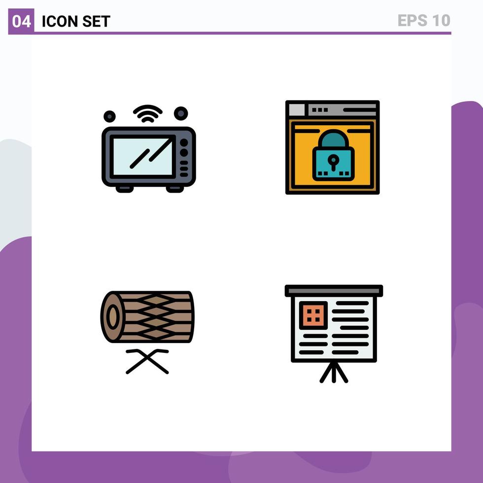 conjunto de pictogramas de 4 colores planos de línea de llenado simple de elementos de diseño de vector editables de tambor seguro de horno de paso de Internet