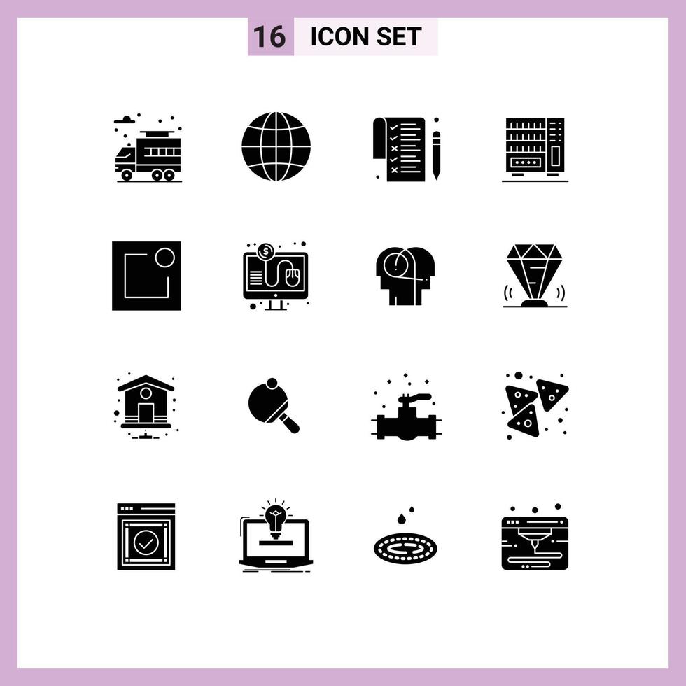 Pack of 16 Modern Solid Glyphs Signs and Symbols for Web Print Media such as pay notification pen notice drawer Editable Vector Design Elements