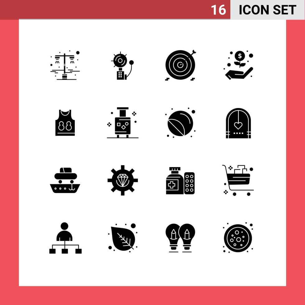 Modern Set of 16 Solid Glyphs Pictograph of shirt dollar intruder hand financial Editable Vector Design Elements