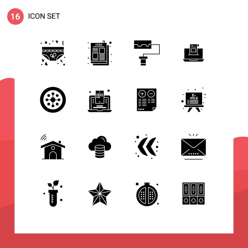 Pack of 16 Modern Solid Glyphs Signs and Symbols for Web Print Media such as mail envelope job ad mail communication Editable Vector Design Elements