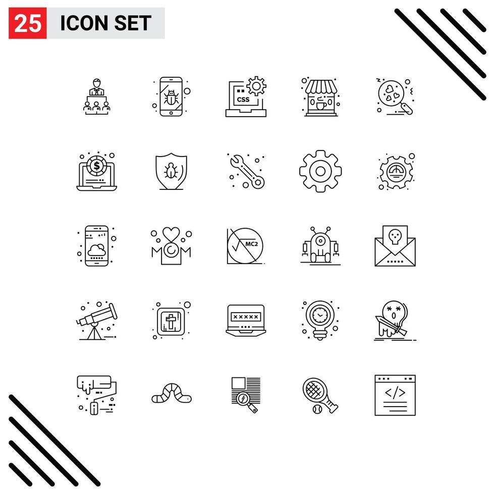 Set of 25 Modern UI Icons Symbols Signs for heart coffee spy cafe develop Editable Vector Design Elements